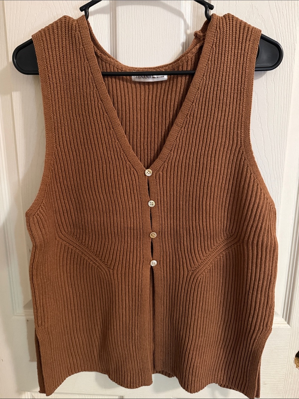 Zenana Outfitters Brown Ribbed Button-Front Knit Vest